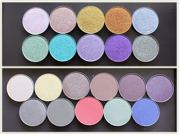 Makeup Geek – Foiled Shadow (top image) – Whimsical, Starry Eyed, Fortune Teller, Untamed, High Wire, Fantasy, Pegasus, Day Dreamer, Masquerade & Charmed ($9.99 USD each). Regular shadows (bottom image): Rapunzel, Yellow Brick Road, Homecoming, Latte, Last Dance, Sensuous, Moondust, high Tea, Poppy, Shimmermint, Duchess ($5.99 USD each