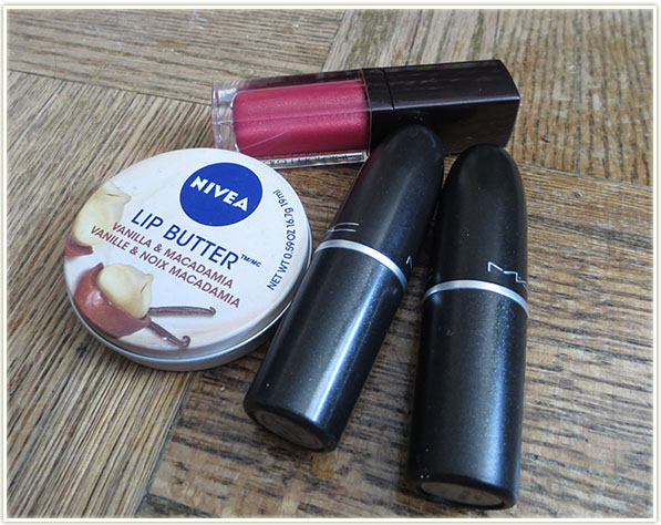 Nivea Lip Butter, Laura Mercier Lip Glacé, MAC lipsticks