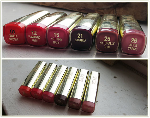 Milani lipsticks – Sweet Nectar, Flamingo Pose, Hot Pink Rage, Sangria, Naturally Chic, Nude Creme ($2.99 – $5.99 USD each – BOGO 50% off)