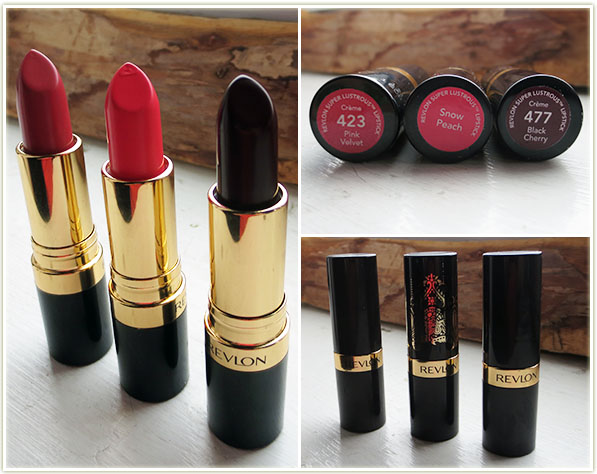 Revlon Super Lustrous lipsticks – Pink Velvet, Snow Peach and Black Cherry ($6.99 USD each)