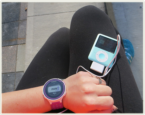Garmin watch on the left (waiting to get a satellite signal) and the Nike+ receiver on the right plugged into my iPod