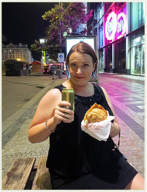 Sara with her deepfried cheese sandwich. It was way too delicious and I was seriously envious.