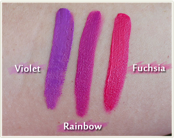 Too Faced swatches – Melted Violet, Melted Rainbow and Melted Fuchsia